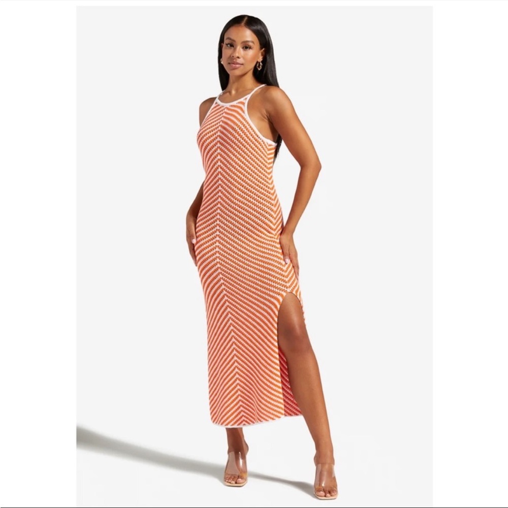 Chevron Stitch Midi Dress Orange White Sleeveless Summer Beach Coverup